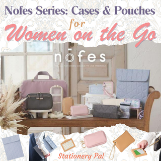 The image features a stylish display of various pastel-colored and quilted pouches, organizers, and bags arranged on a wooden bench and table in a cozy indoor setting