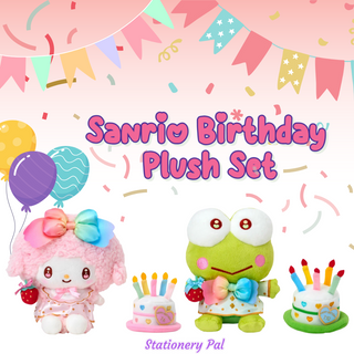 My Sweet Piano and Kerokerokeroppi plush toys from the Sanrio Birthday Celebration Set, featuring limited edition accessories and exclusive character video messages.