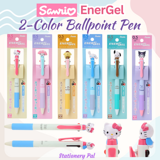 Sanrio EnerGel 2-Color Ballpoint Pen featuring smooth black and red ink, fast-drying gel, and adorable climbing Hello Kitty mascot, perfect for school, journaling, or collecting.
