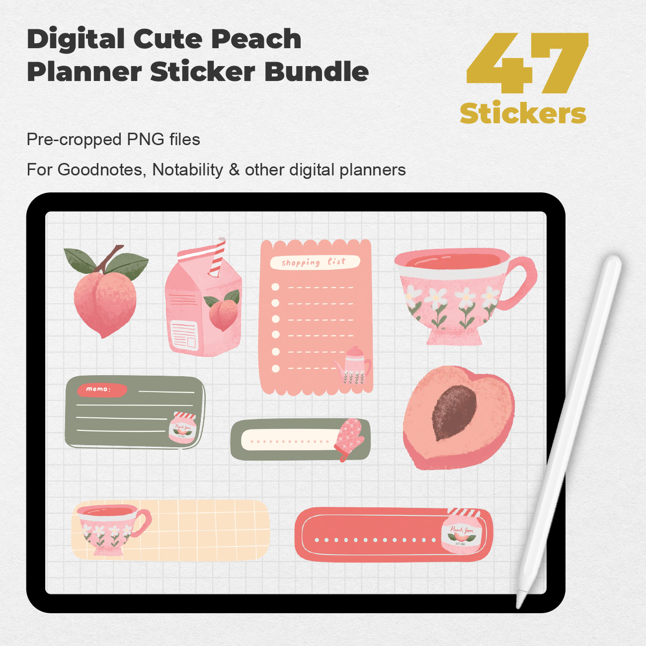 47 Digital Cute Peach Planner Sticker Bundle - Stationery Pal