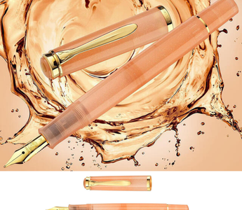 Pelikan M200 Apricot Agate Fountain Pen featuring a warm apricot color with gold shimmer, part of Pelikan’s 2025 limited-edition release inspired by Edelstein Ink of the Year.