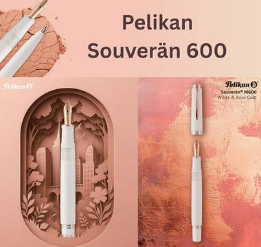 Pelikan Souverän 600 White & Rose Gold luxury fountain pen and ballpoint, limited edition with smooth 14k gold nib, elegant white and rose gold design, perfect for collectors and stationery enthusiasts