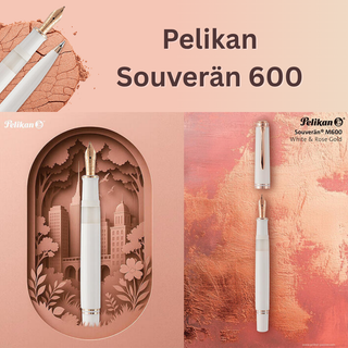 Pelikan Souverän 600 White & Rose Gold luxury fountain pen and ballpoint, limited edition with smooth 14k gold nib, elegant white and rose gold design, perfect for collectors and stationery enthusiasts