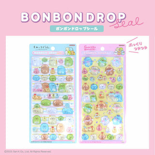 Sumikko Gurashi Bonbon Drop Stickers featuring Blue and Pink designs from San-X, showcasing puffy candy-like glossy textures and adorable kawaii characters loved by stationery fans.