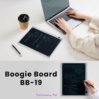 The Boogie Board BB-19 digital memo pad with a 13-inch screen, pressure-sensitive writing, magnetic stylus holder, and app support for note-saving and sharing.