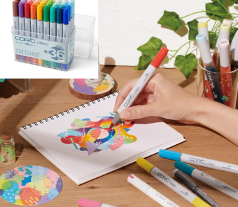 Copic Ciao Step-Up 36-Color Set featuring 36 unique pastel and bold shades designed to expand your Copic marker collection with no duplicates. Perfect add-on for artists.