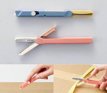 Fitcut Curve Twiggy + Cutter, a stylish two-in-one unboxing tool with scissors and a ceramic cutter, perfect for opening boxes, envelopes, tape, and packaging safely.