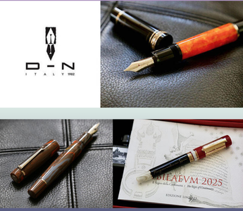 Close-up of the D-N fountain pen DV Oversize and DV Piston Filling models, showcasing Italian luxury design, bold resin colors, and a large ink capacity system.