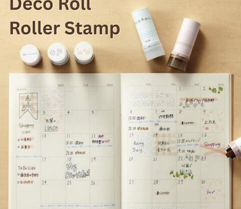 Deco Roll Roller Stamp with bleed-proof pastel ink for planners, journals, and scrapbooks. A cute stationery tool that adds color without bleeding through paper.