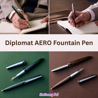 Diplomat AERO Fountain Pen in Evergreen and Marrakesh colors, featuring a glossy lacquer finish, 14k gold nib, and stylish design for collectors and stationery lovers.