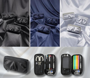 Shiny and stylish FABFAB pen case with expandable storage, multiple pockets, and modern design, perfect for students, office workers, and stationery enthusiasts