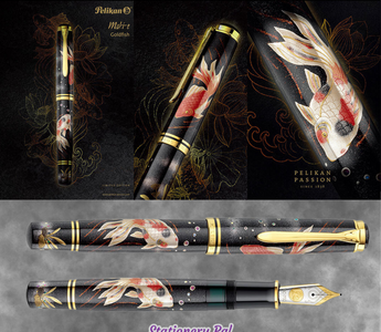 The Pelikan Goldfish Maki-e Fountain Pen features handcrafted goldfish artwork on a Pelikan M1000 body using Japanese maki-e lacquer art with gold and silver accents.