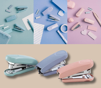 HD-10P mini stapler in cute muted colors, compact and lightweight, perfect for students, office workers, and stationery enthusiasts looking for a stylish desk accessory.