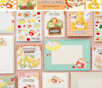 Cute Hamutaro stationery collection by Furukawa Shiko, including mini letter sets, memo pads, stickers, and waterproof designs for journaling, gifts, and decorating notebooks.