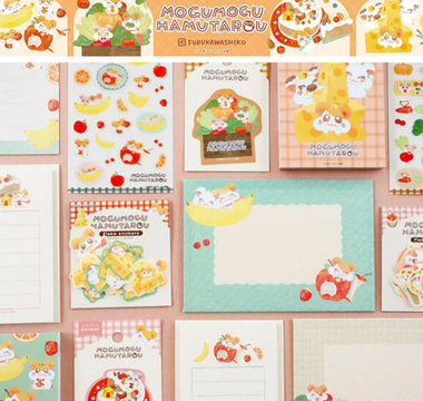 Cute Hamutaro stationery collection by Furukawa Shiko, including mini letter sets, memo pads, stickers, and waterproof designs for journaling, gifts, and decorating notebooks.