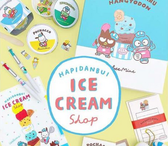 Cute Sanrio stationery from the Hapidanbui × Furukawa Paperworks Ice Cream Shop Loft Exclusive collection featuring ice cream-themed designs, pens, stickers, and keychains.