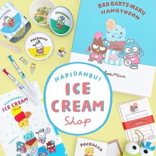 Cute Sanrio stationery from the Hapidanbui × Furukawa Paperworks Ice Cream Shop Loft Exclusive collection featuring ice cream-themed designs, pens, stickers, and keychains.