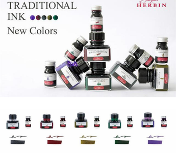 Five new colors of Herbin Traditional Ink by Quo Vadis Japan, featuring Pebble Gray, Amaranth Red, Cactus Green, Forest Green, and Iris Sagesse in elegant glass bottles for fountain pen lovers.