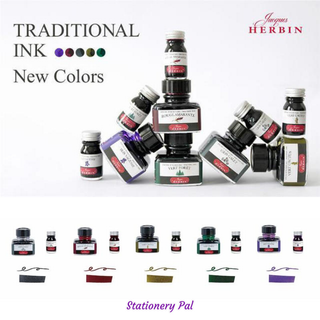 Five new colors of Herbin Traditional Ink by Quo Vadis Japan, featuring Pebble Gray, Amaranth Red, Cactus Green, Forest Green, and Iris Sagesse in elegant glass bottles for fountain pen lovers.