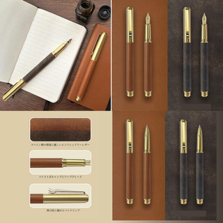 Eco-friendly fountain pen from IWI Retro Brass series featuring recycled leather details, brass body, and elegant design for sustainable everyday writing and journaling.