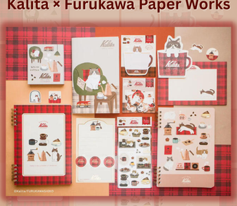 Kalita Furukawa Paper Works collaboration features a cozy coffee stationery series with red check designs, coffee-themed memo pads, letter sets, and notebooks inspired by relaxing café moments.