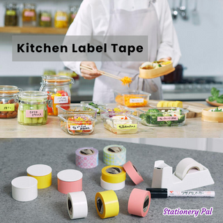 Close-up of colorful kitchen label tape rolls in pastel and patterned designs, perfect for labeling containers, sealing snack bags, and organizing your kitchen space.