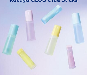Kokuyo’s GLOO glue stick sorbet colors in Mint Green, Soda Blue, Berry Purple, and Lemon Yellow. Limited edition Japanese stationery perfect for crafts, DIY, and school projects.