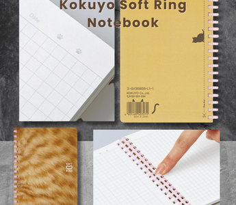 Kokuyo Soft Ring Notebook 10th Anniversary edition featuring adorable kitten and bread designs, soft resin rings for comfort, and 5mm grid pages.