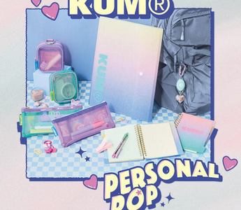 KUM Personal Pop stationery series 2025 featuring sparkly pen cases, mini pouches, notebooks, and multifunctional pens designed for fun, style, and organization.