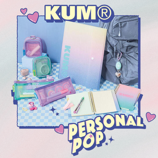 KUM Personal Pop stationery series 2025 featuring sparkly pen cases, mini pouches, notebooks, and multifunctional pens designed for fun, style, and organization.