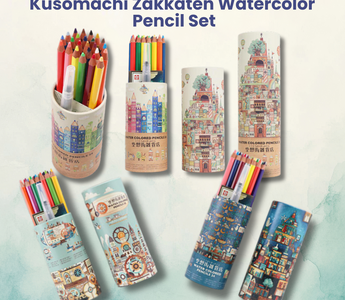 Kūsōmachi Zakkaten watercolor pencil set from Japan featuring 24 colors, retro paper tube case, and water brush. Perfect for beginners, journaling, and travel-friendly art.