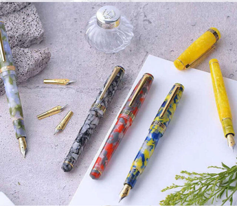  Laban Rosa fountain pen in marbled acrylic resin with semi-transparent barrel, inspired by 18th-century Neoclassical design, available in eight colors including Passion Red, Lilac, Sky Blue, and Spring, by Taiwanese brand Laban.