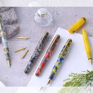  Laban Rosa fountain pen in marbled acrylic resin with semi-transparent barrel, inspired by 18th-century Neoclassical design, available in eight colors including Passion Red, Lilac, Sky Blue, and Spring, by Taiwanese brand Laban.