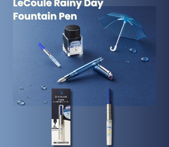 LeCoule Rainy Day fountain pen with silver and clear blue body, MF nib, and matching blue converter, available only on rainy days at Ancora Ginza Tokyo.