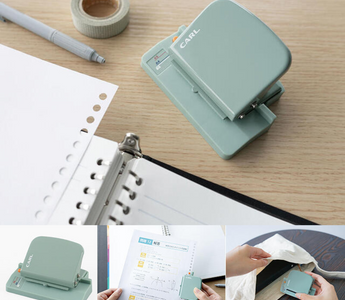 Carl Gauge Punch Light in Light Green, a compact loose-leaf punch designed for students and professionals. Portable, stylish, and perfect for school, office, or café use.