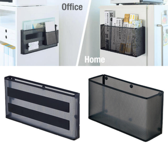 Japanese Magnet Pocket Organizer attached to a metal desk side, holding A4 documents and stationery, showing a clean and space-saving magnetic storage solution for office and home use.