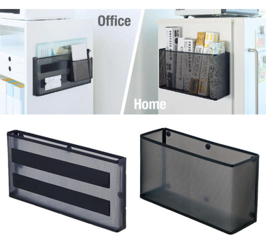 Japanese Magnet Pocket Organizer attached to a metal desk side, holding A4 documents and stationery, showing a clean and space-saving magnetic storage solution for office and home use.