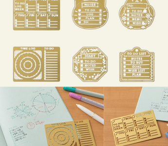 Midori brass template for planners and notebooks showing diary and motif stencil designs, perfect for organizing schedules and decorating journals with cute illustrations.