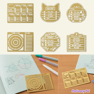 Midori brass template for planners and notebooks showing diary and motif stencil designs, perfect for organizing schedules and decorating journals with cute illustrations.