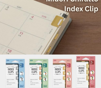 Midori Chiratto Index Clip neatly attached to a planner page. A tiny, reusable metal index clip in silver, orange, and brass that keeps notebooks clean, elegant, and organized for planner lovers.