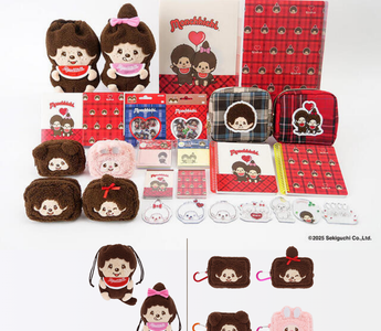 Monchhichi stationery featuring cute retro designs, nostalgic 1970s patterns, memo pads, notebooks, stickers, and pouches from a Japanese character stationery collection loved by all ages