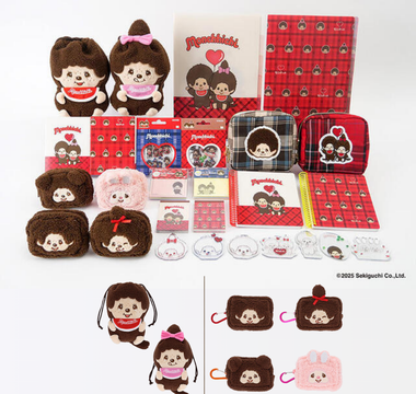 Monchhichi stationery featuring cute retro designs, nostalgic 1970s patterns, memo pads, notebooks, stickers, and pouches from a Japanese character stationery collection loved by all ages