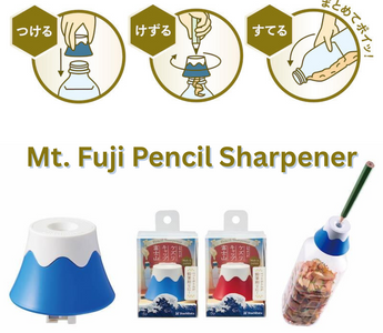 Mt. Fuji pencil sharpener by Shachihata in blue and red designs, a cute Japanese stationery souvenir that attaches to plastic bottles for mess-free use.