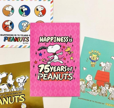 Japan Hallmark PEANUTS postcards second collection featuring gold foil and UV finish designs celebrating the 75th anniversary of Snoopy and Charlie Brown stationery collectibles 2025