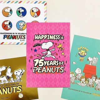 Japan Hallmark PEANUTS postcards second collection featuring gold foil and UV finish designs celebrating the 75th anniversary of Snoopy and Charlie Brown stationery collectibles 2025