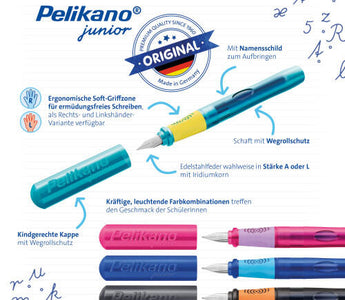 Pelikano Junior fountain pen with colorful ergonomic grip and new Anthracite Black design. A perfect beginner fountain pen for students, left-handed writers, and gift seekers.