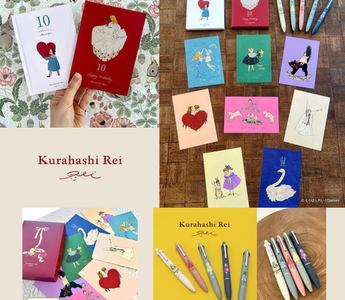 Rei Kurahashi stationery Vol. 5 featuring elegant Japanese designs, Jetstream 4-in-1 multi pens, premium postcards, and illustrated message books with soft textures and muted colors.