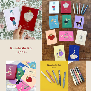 Rei Kurahashi stationery Vol. 5 featuring elegant Japanese designs, Jetstream 4-in-1 multi pens, premium postcards, and illustrated message books with soft textures and muted colors.