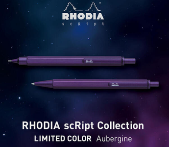 Rhodia Script limited edition Aubergine pen in deep purple color with full metal body on white background