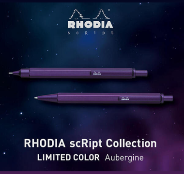 Rhodia Script limited edition Aubergine pen in deep purple color with full metal body on white background